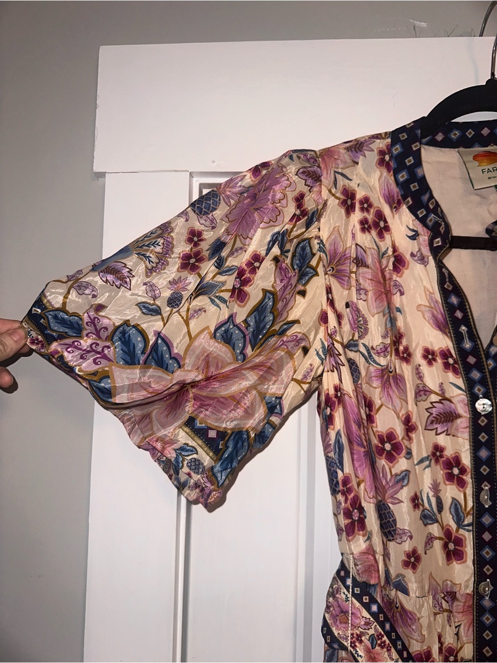 Farm Rio Size Small Floral Cotton-Blend Short Dress with BeadedBelt - Pink Flora - Picture 3 of 14